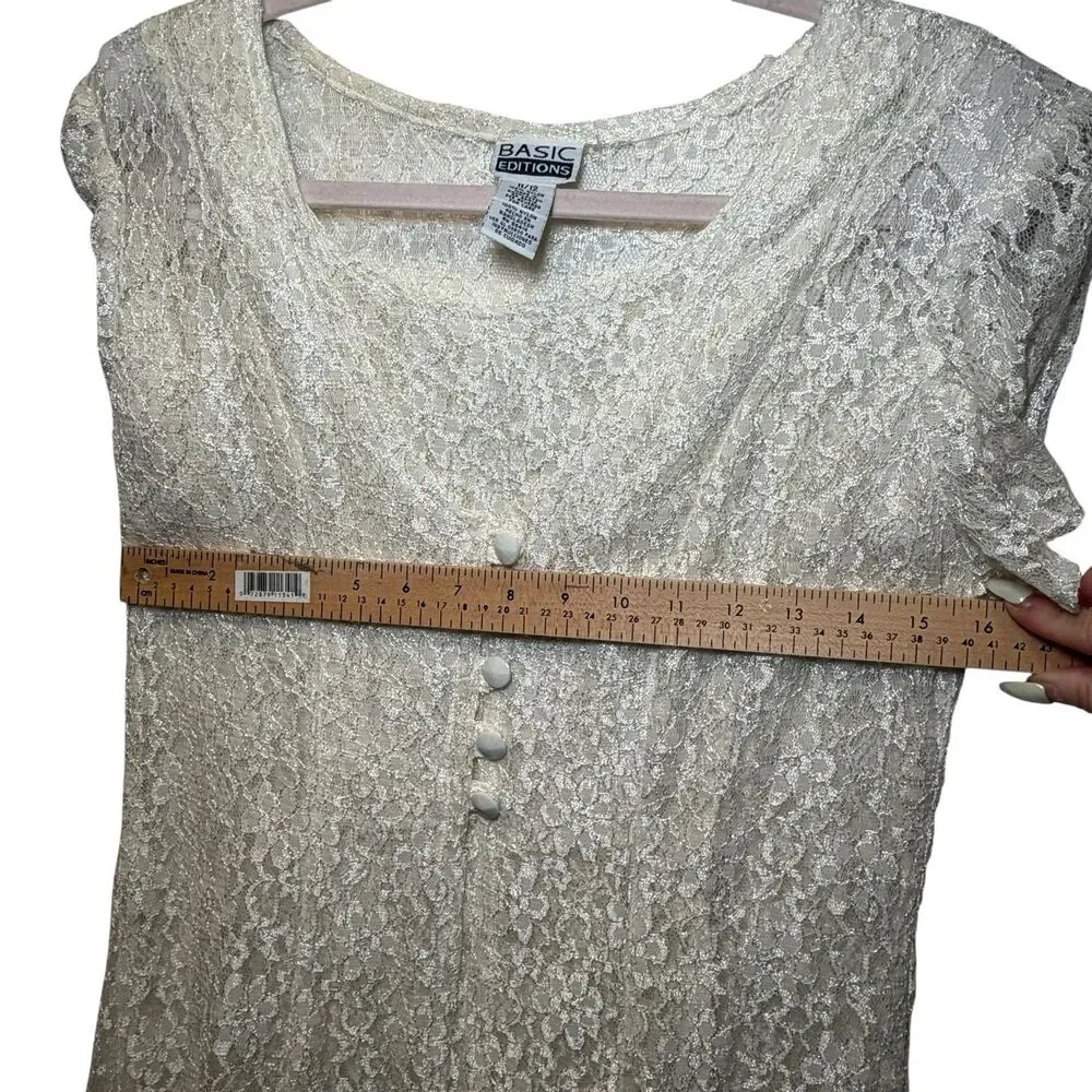 Basic Editions Ivory Floral Lace Maxi Dress Juniors 11/12 V-Neck Button Front